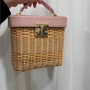 Woven Rattan Box Bag with Pink Top Handle